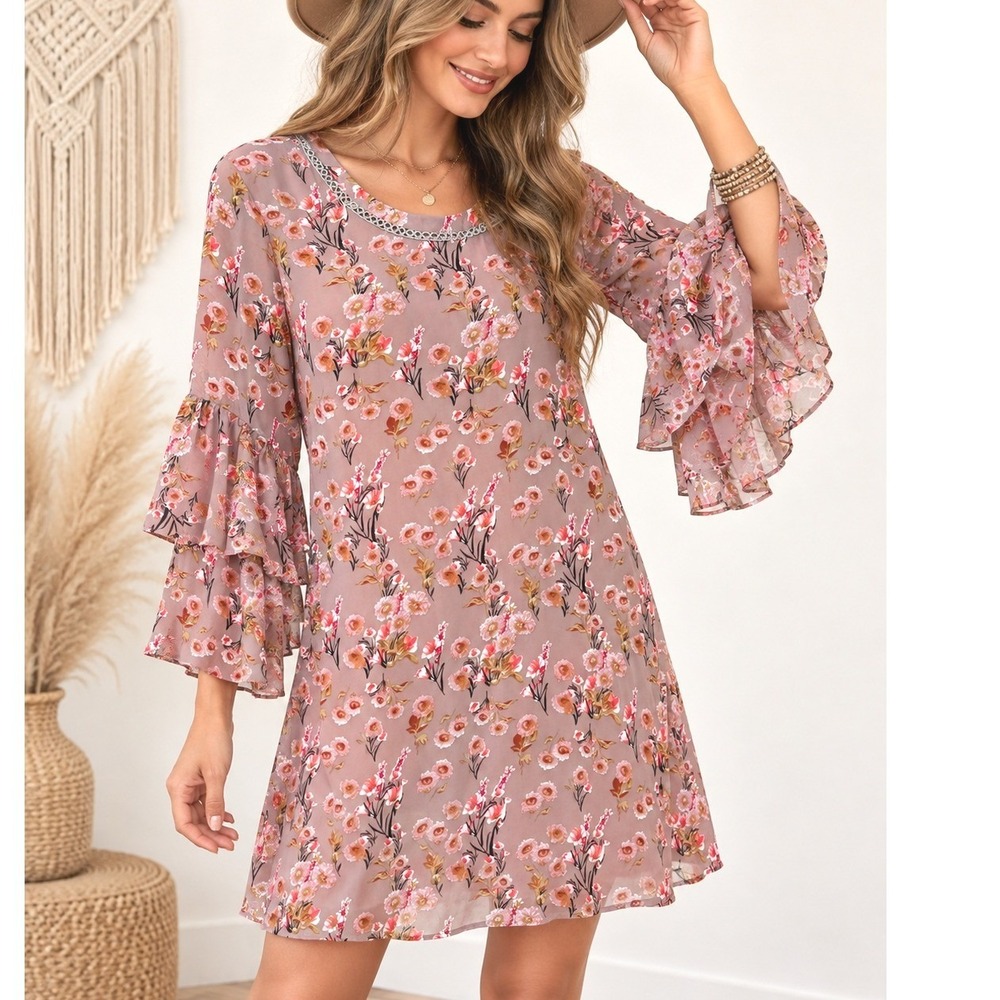 Lulus Mauve Floral Ruffle Sleeve Shift Dress Crochet Trim L